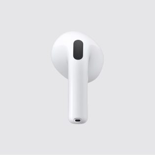 Close-up em fundo cinza claro de um fone AirPods 5, destacando o design da haste e a grade do alto-falante.