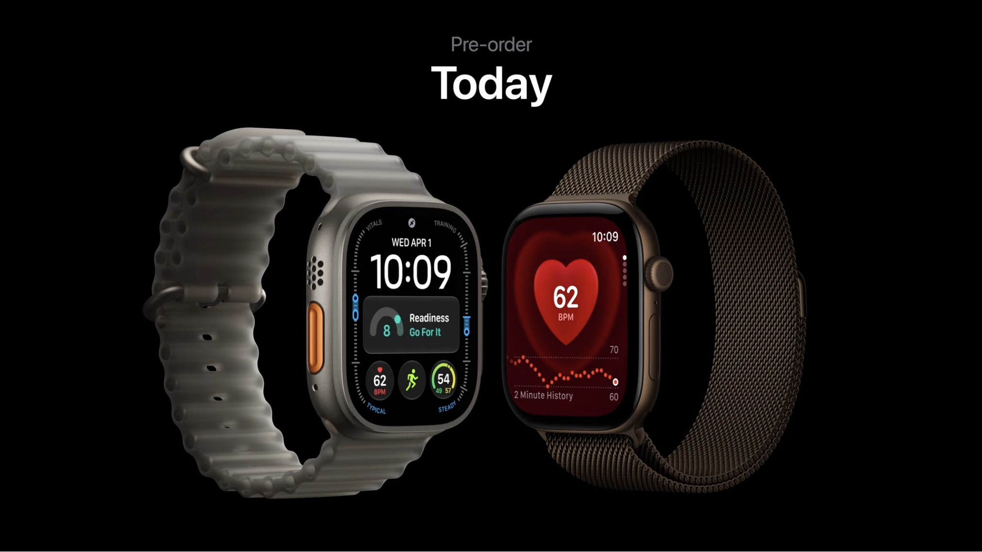 Tela preta exibe o texto 'Pre-order Today' no topo, com dois relógios Apple Watch lado a lado: à esquerda, o Apple Watch Ultra 4 com mostrador focado em condicionamento físico (Readiness, 62 BPM, ícones de treino); à direita, o Apple Watch Series 12 com um mostrador vermelho destacando frequência cardíaca (62 BPM e histórico).