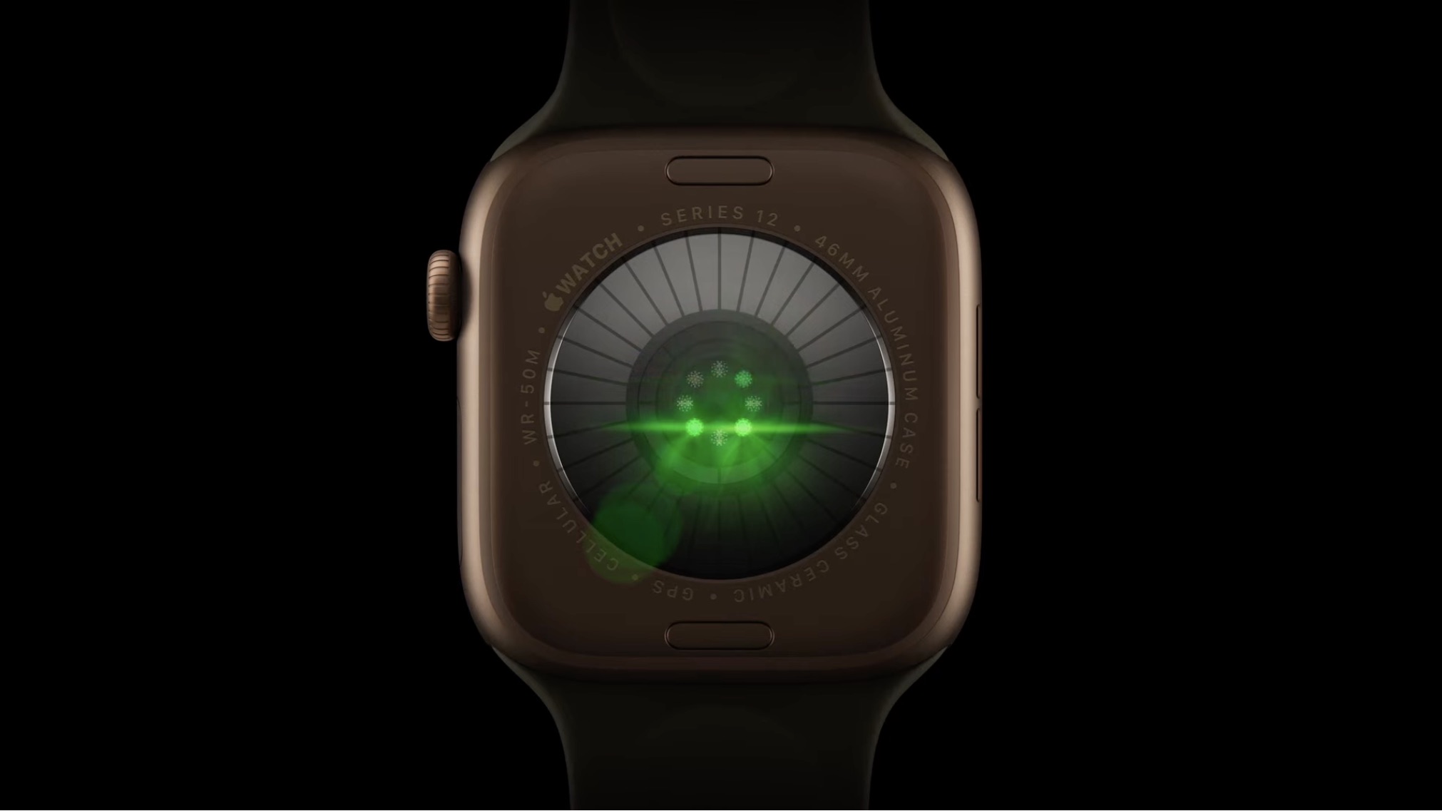 Close-up da parte traseira de um Apple Watch Series 12 em alumínio, exibindo os novos sensores ópticos brilhando em verde.