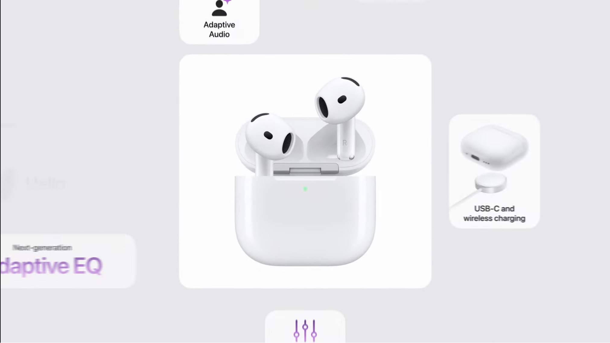 A imagem exibe os AirPods 5 abertos em seu estojo de carregamento ao centro, cercados por ícones e cards informativos que destacam recursos como Adaptive Audio, recarga USB-C e sem fio, e Adaptive EQ.