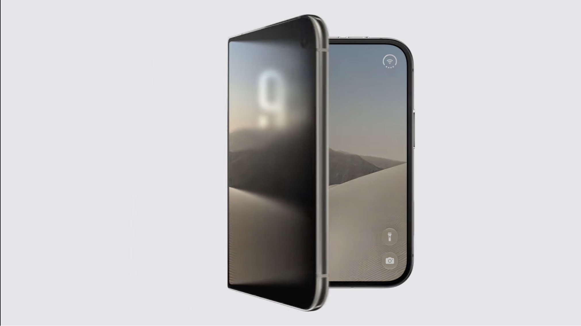 O iPhone Duo é exibido parcialmente aberto contra um fundo claro, destacando a moldura contínua e a transição entre as duas telas.