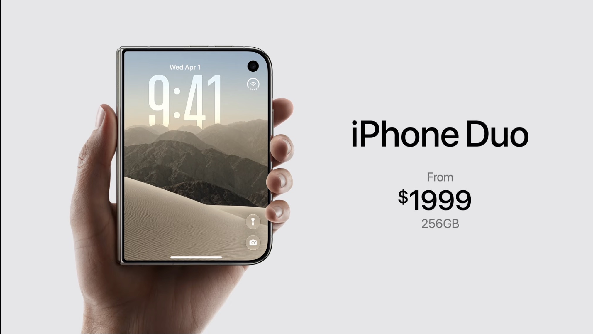 Uma mão segura um iPhone Duo exibindo a tela inicial, enquanto o texto ao lado mostra o nome 'iPhone Duo', o preço inicial de '$1999' e a capacidade de '256GB'.