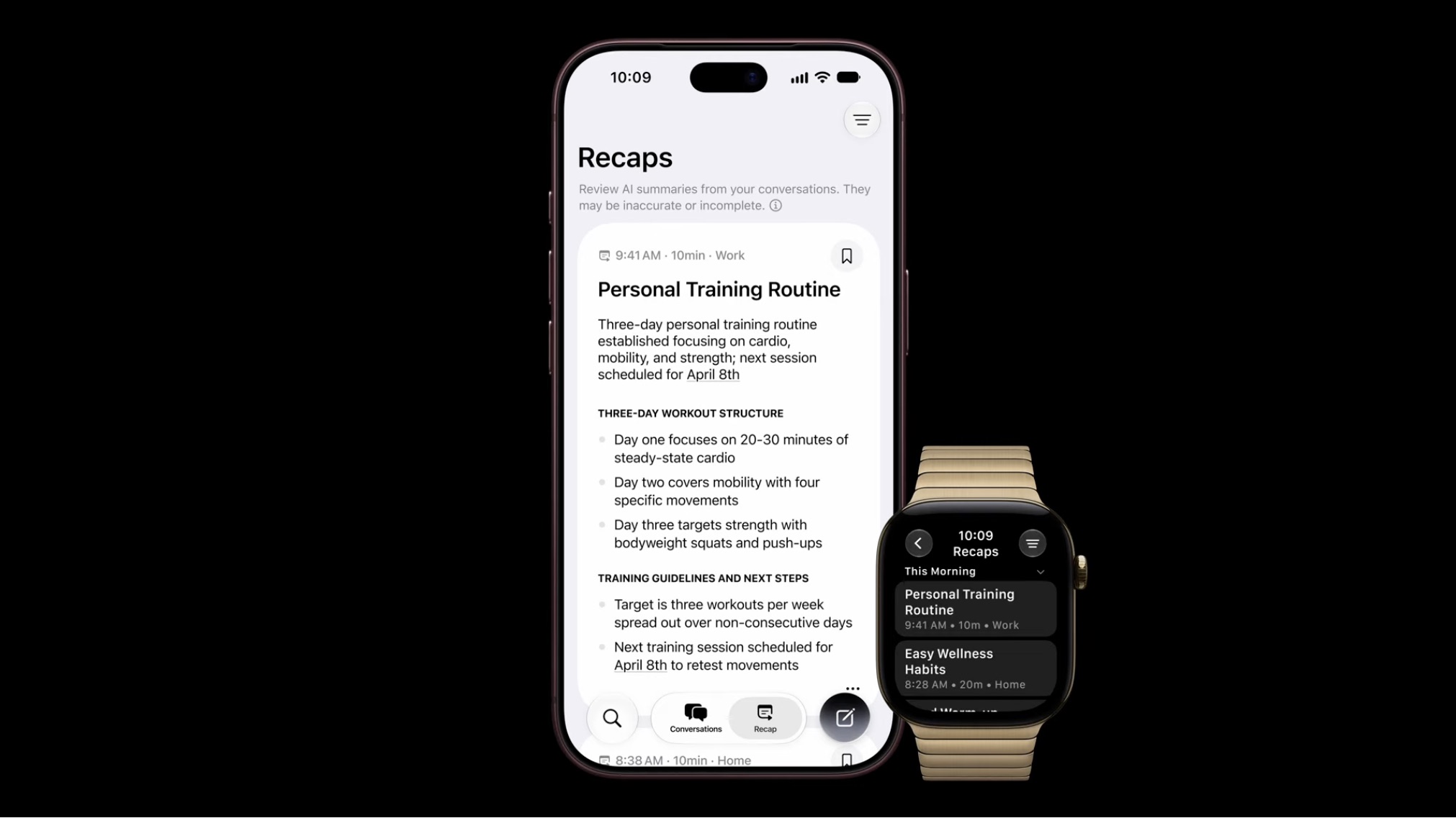 A imagem exibe um iPhone e um Apple Watch mostrando a interface do recurso Recaps com resumos de conversas e pontos-chave gerados por inteligência artificial.